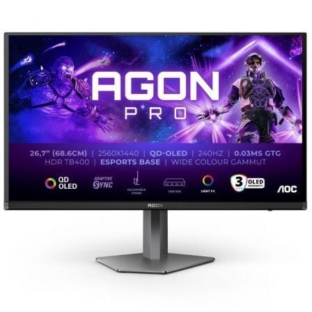 Monitor Gaming AOC AG276QZD2 26.5'/ WQHD/ Multimedia/ 0.03ms/ 240Hz/ QD-OLED/ Regulable en altura/ Negro